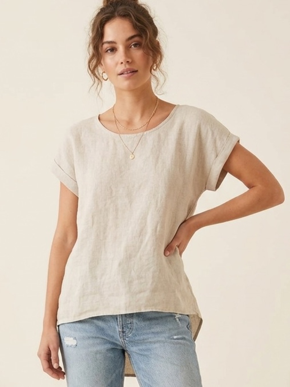 Beige Short-Sleeve Pure Linen Top - Lightweight Summer Layer